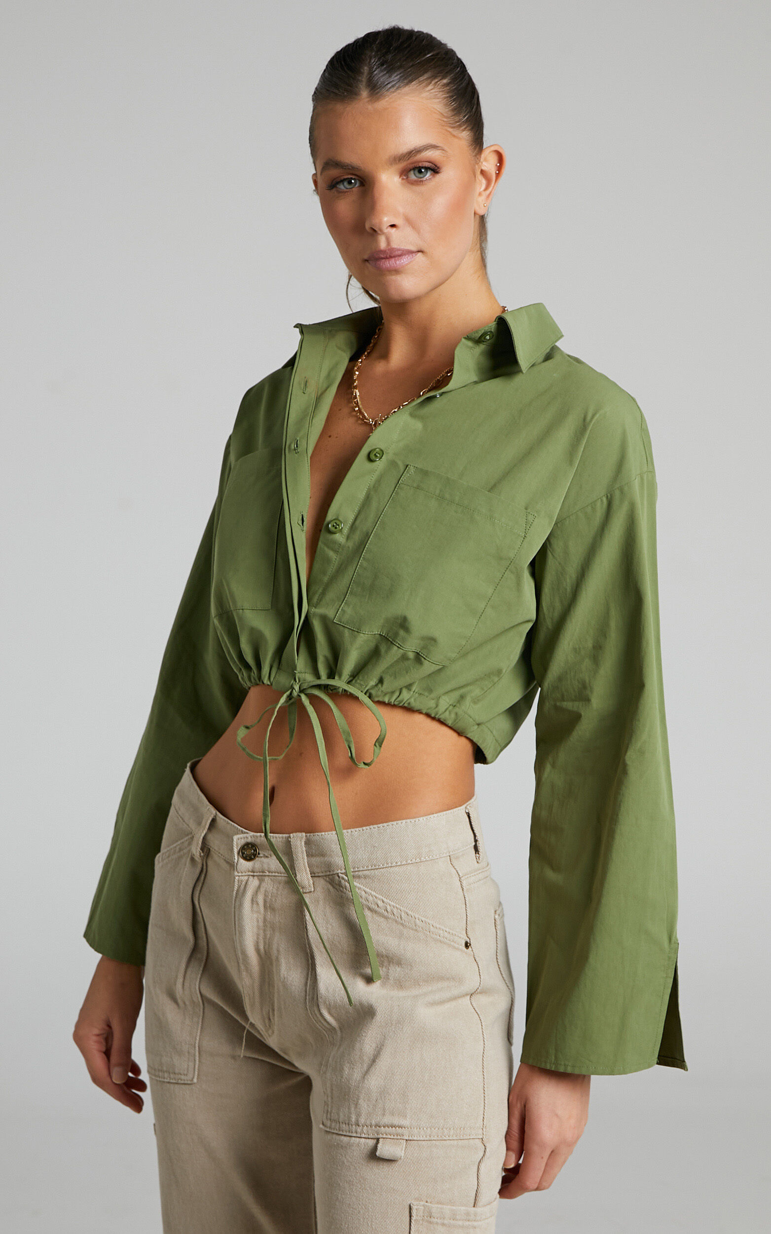 Lynessa Long Sleeve Cropped Drawstring Shirt in Khaki - 06, GRN1, super-hi-res image number null