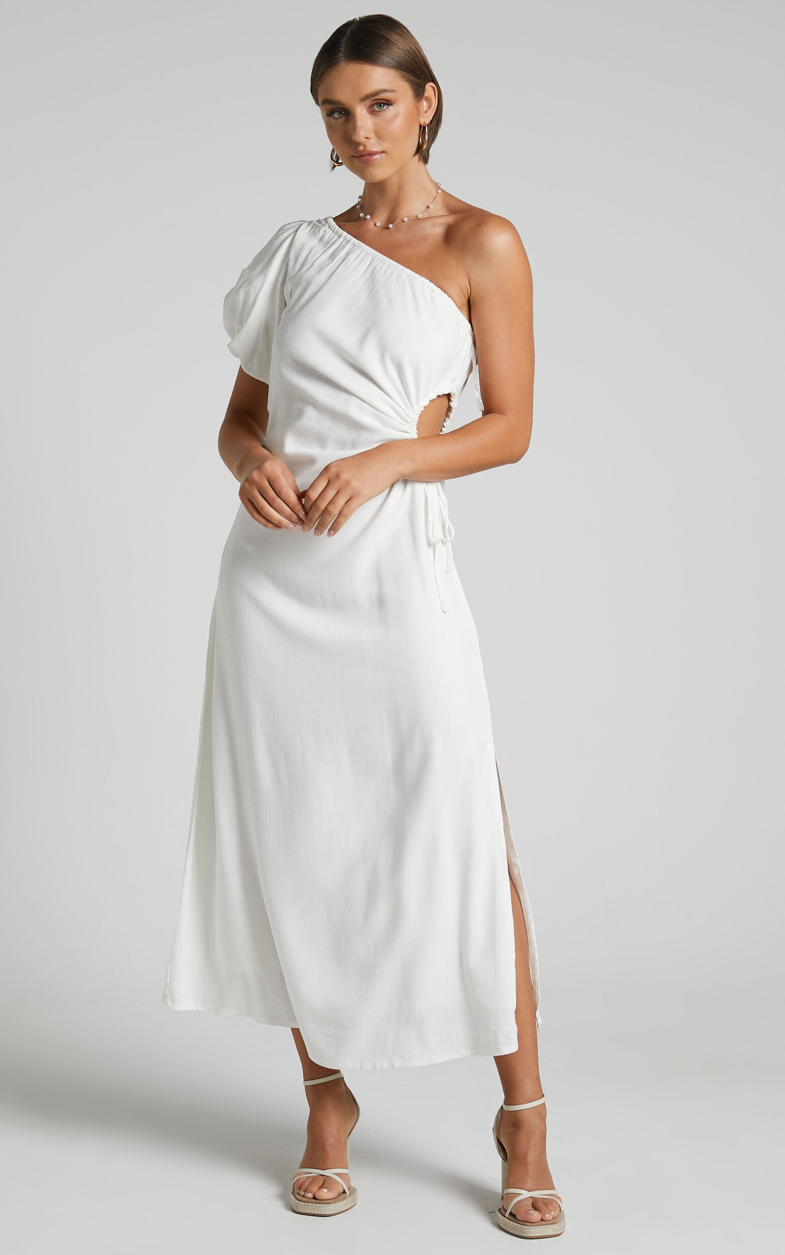 Victoria Midaxi Dress - One Shoulder Puff Sleeve Cut Out Dress in White - 06, WHT1
