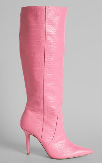 Public Desire - Best Believe Stiletto Knee High Boots in Pink Croc