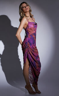Hermae Midaxi Dress - Ruched Side Split Tie Back Slip Dress in Blurred Dreams