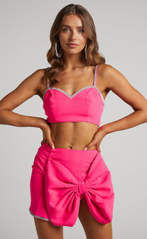 Kimmay Mini Skirt - Oversized Bow Diamante Trim Skirt in Hot Pink