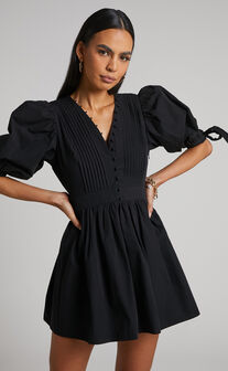 Zandra Puff Sleeve Poplin Mini Dress in Black