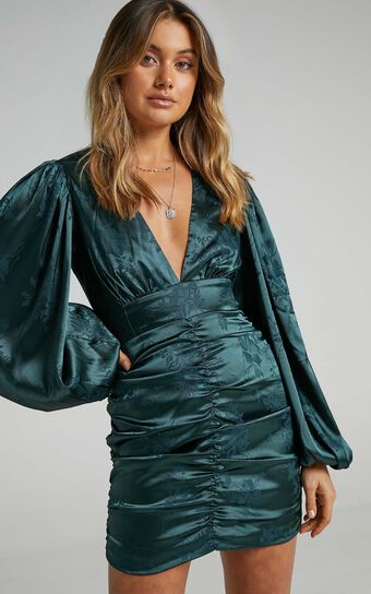 Richmond Long Sleeve Ruched Mini Dress in Emerald