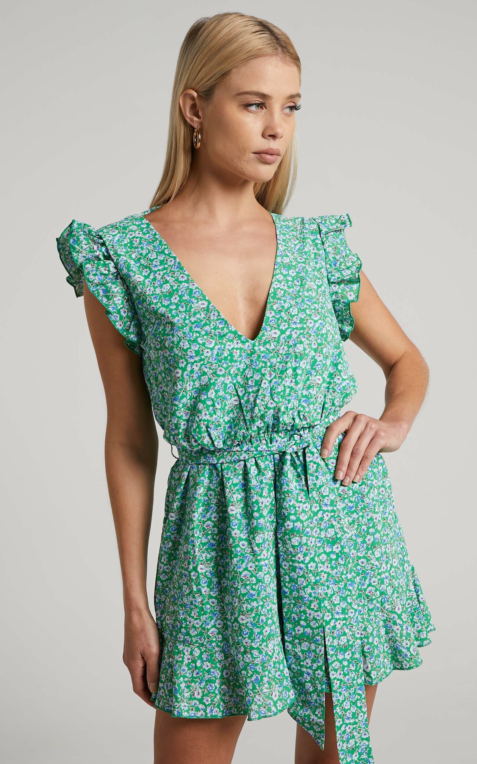 Alayssa Playsuit - V Neck Tie Waist Ruffle Playsuit in Green Ditsy - 06, MLT1