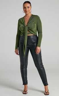 Cortez Plunging Centre Front Waist Tie Top in Olive
