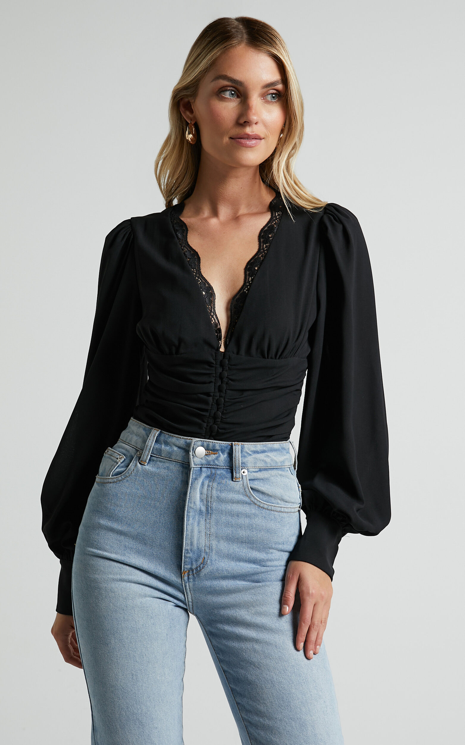 Selina Top - Long Sleeve Button Detail V Neck in Black - 06, BLK1