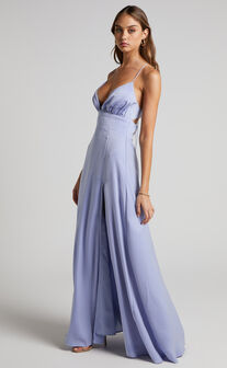 Queency Maxi Dress - Plunge Thigh Split Dress in Pale Blue