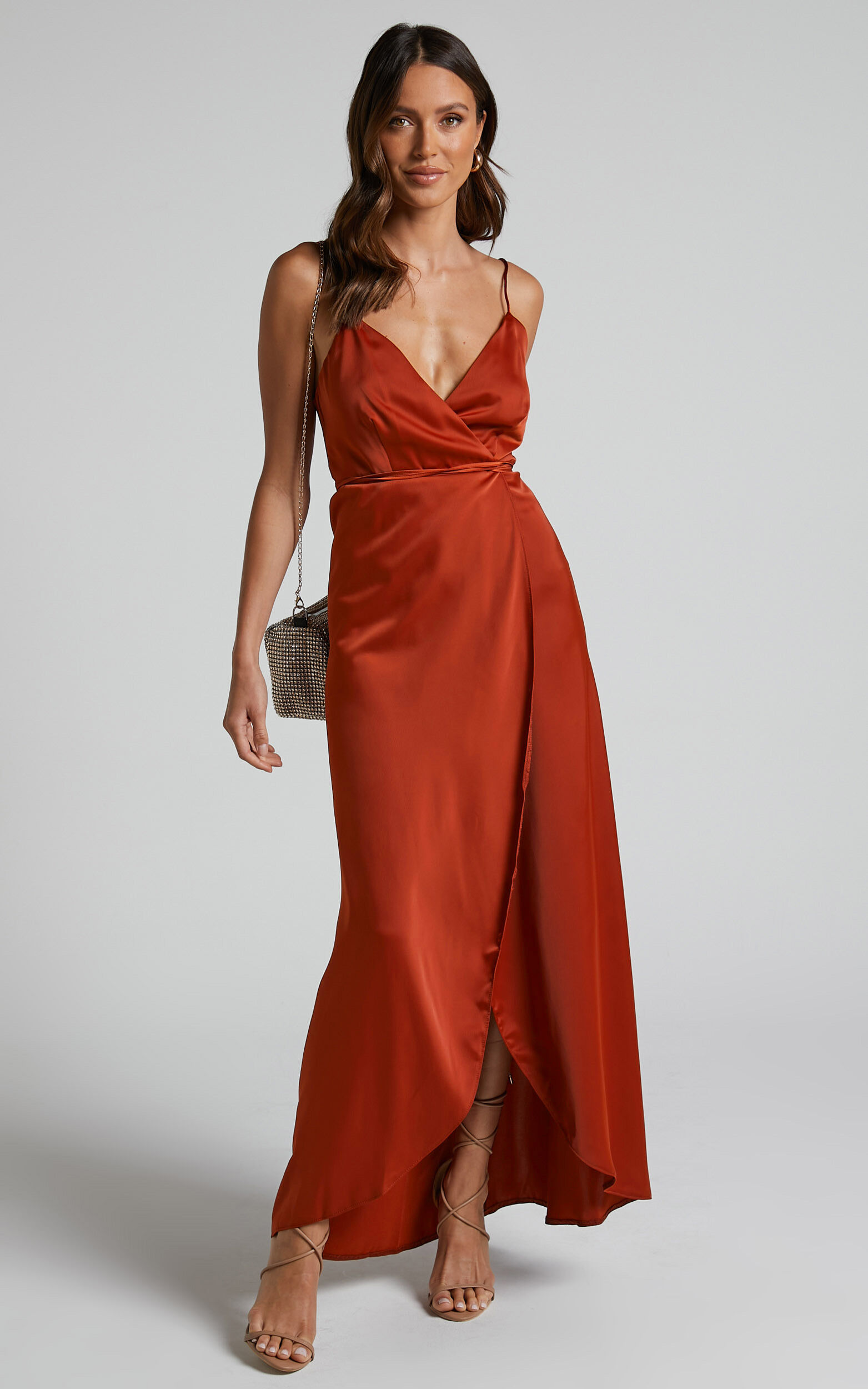 Mine Would Be You Midaxi Dress - Wrap Dress in Copper Satin - 18, GLD1