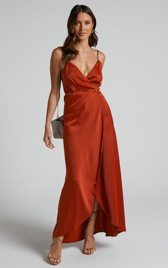 Mine Would Be You Midaxi Dress - Wrap Dress in Copper Satin