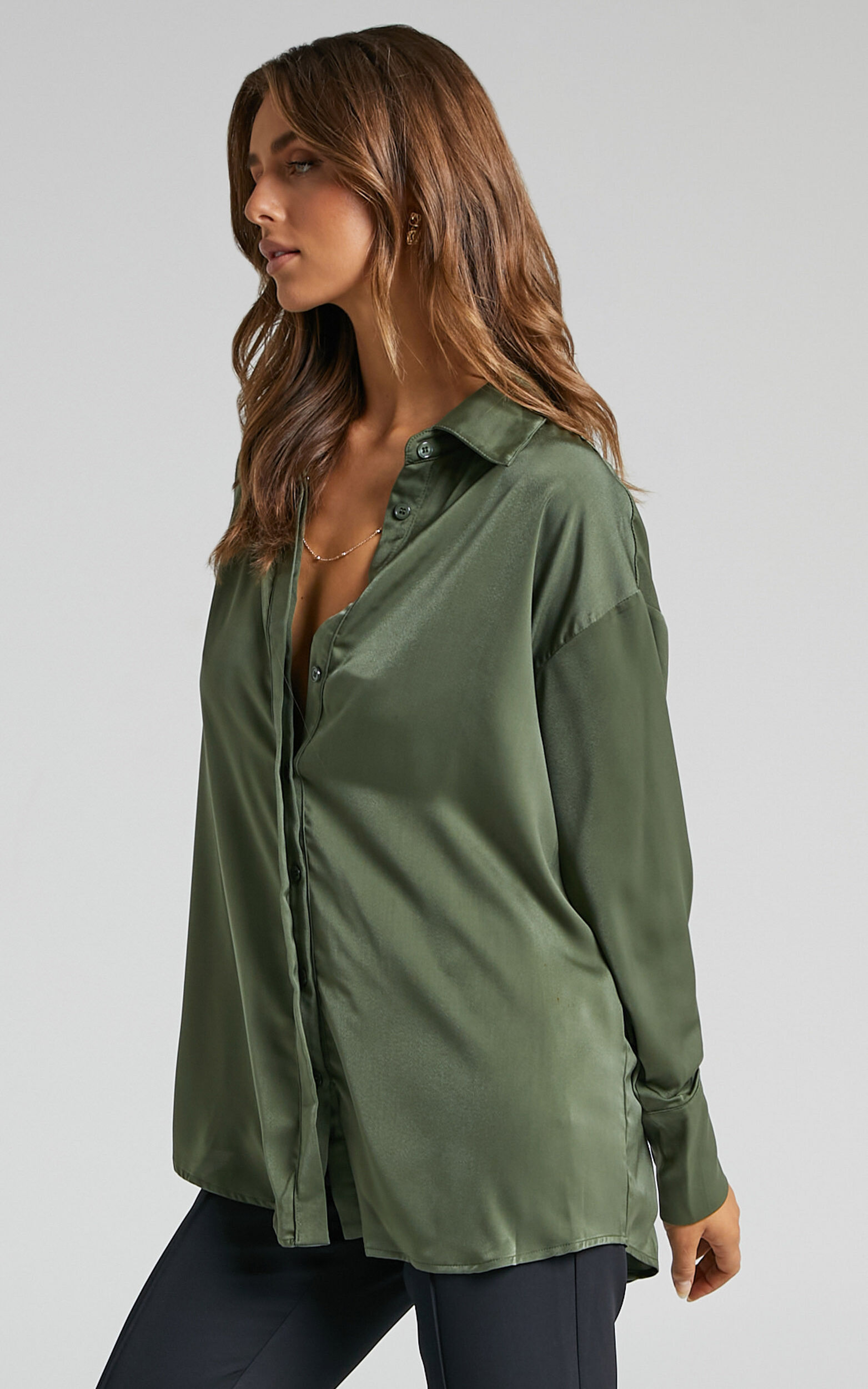 Azurine Shirt - Oversized Button Up Shirt in Olive | Showpo USA