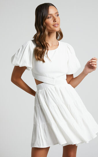 Ramona Mini Dress - Scoop Neck Cut Out Tiered Dress in White