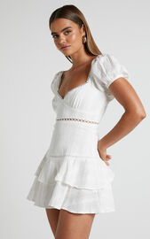 Rhyken Mini Dress - Puff Sleeve Frill Detail Dress in Off White ...