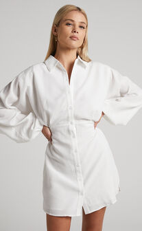 Arabelle Mini Dress - Collared Balloon Sleeve Shirt Dress in White