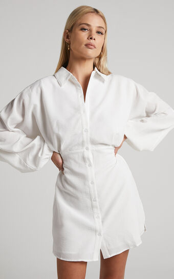 Arabelle Mini Dress - Collared Balloon Sleeve Shirt Dress in White