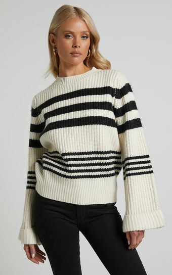 Pheney striped crew neck knit sweater in Cream and Black