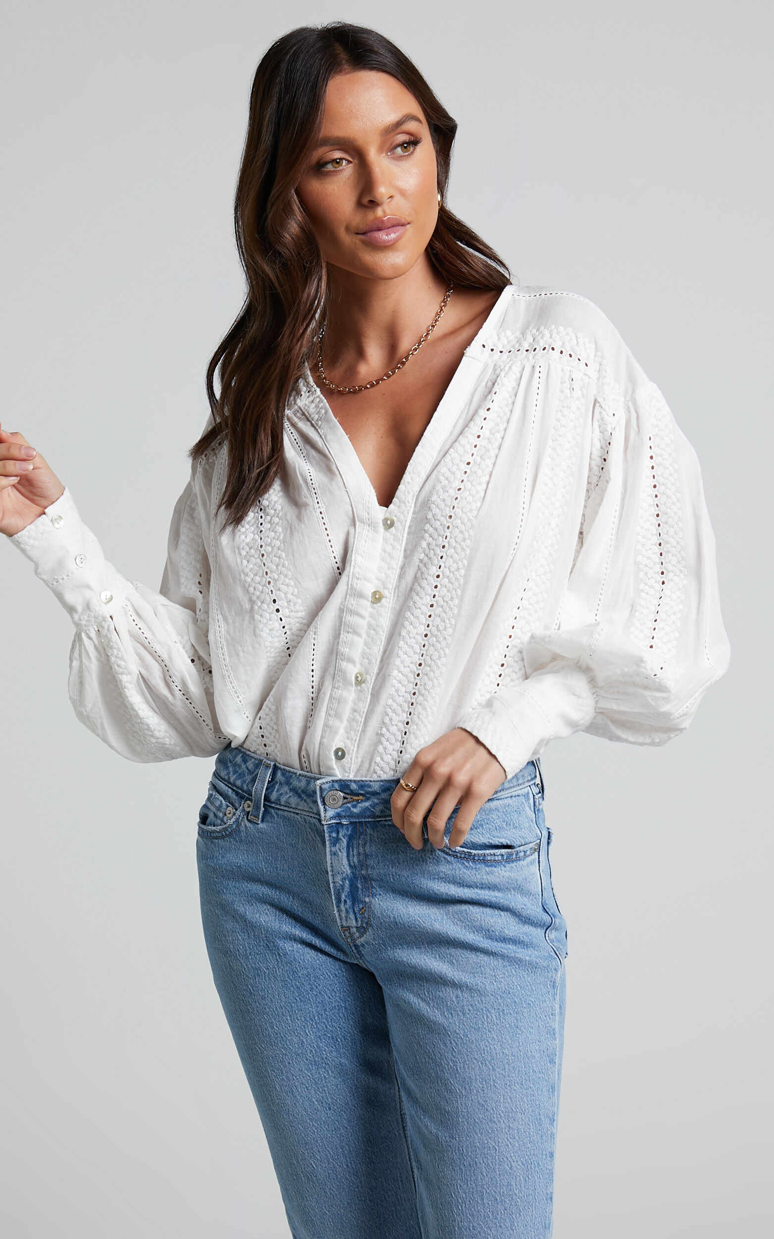 Lanzy Blouse - Long Sleeve Broderie Trim Relaxed Blouse in White - 06, WHT1