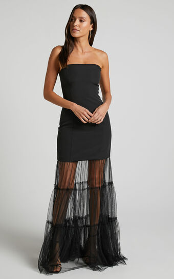 Sidda Strapless Tulle Tiered Maxi Dress in Black