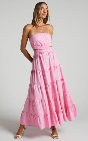 Xiomara Maxi Dress - Strapless Cut Out Tiered Dress in Pink