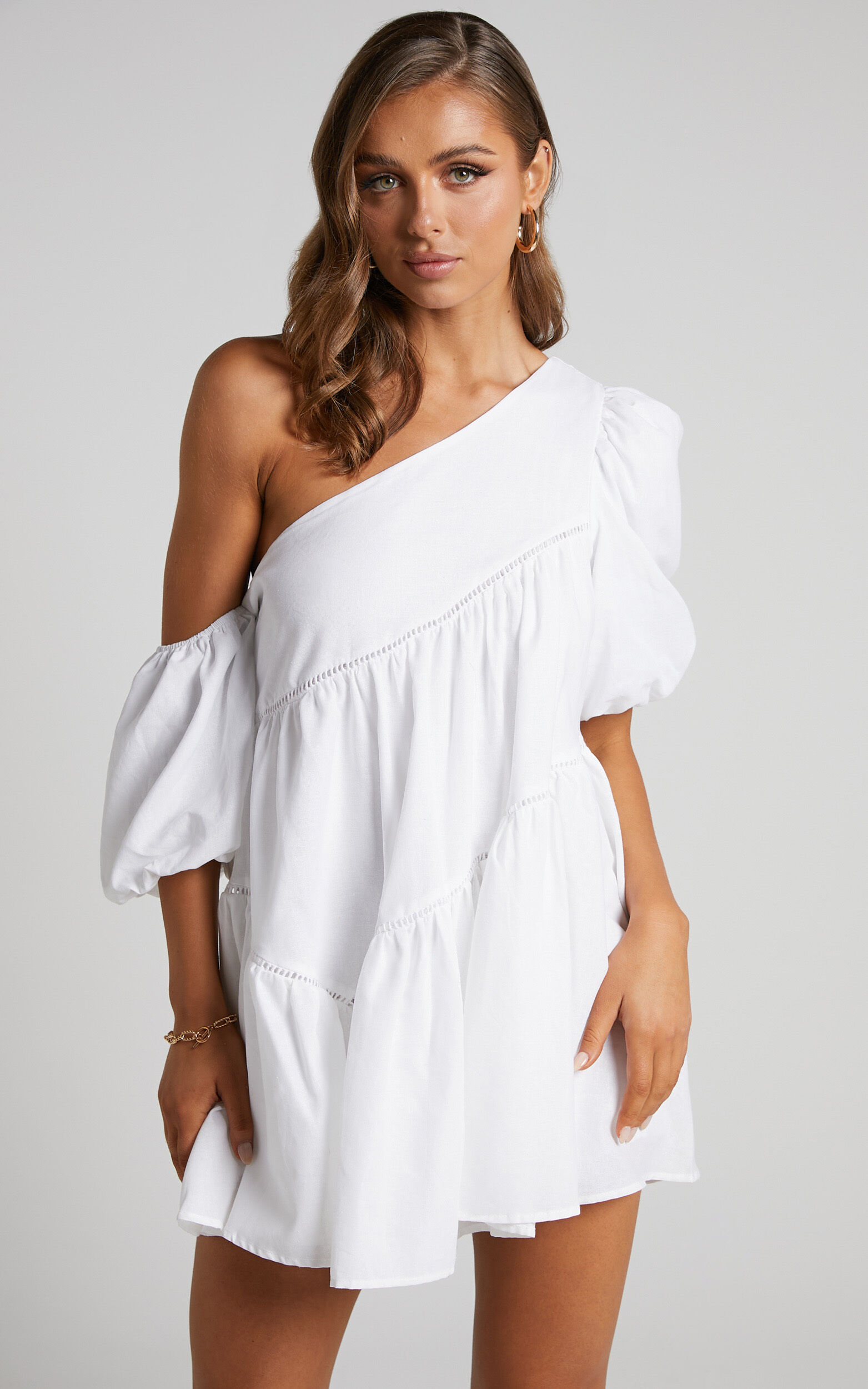 Harleen Mini Dress - Asymmetrical Trim Puff Sleeve Dress in White | Showpo