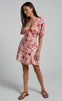 Wynna Mini Dress - Tie Front Cut Out Flutter Sleeve Dress in Pink Red Floral