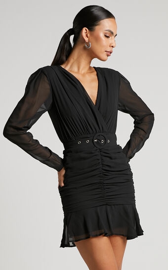 Amias Mini Dress - Ruched Belted Long Sleeve Dress in Black