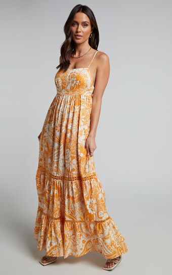 Gyah Midaxi Dress - Square Neck Low Back Tiered Dress in Rust Paisley