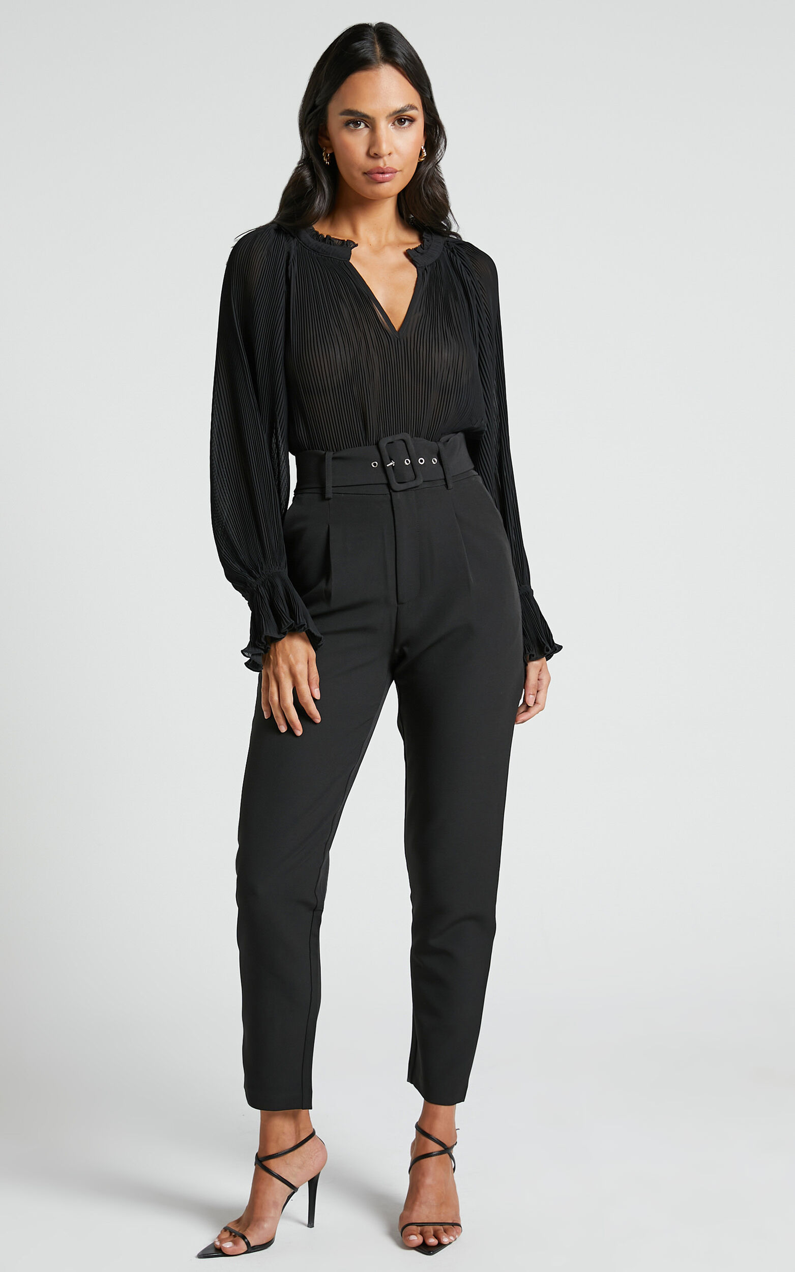 Milica Trousers - Belted High Waisted Trousers in Black - 04, BLK2