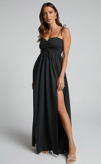 Cazie Maxi Dress -  Ruched Front Sweetheart Shirred Bodice Dress in Black