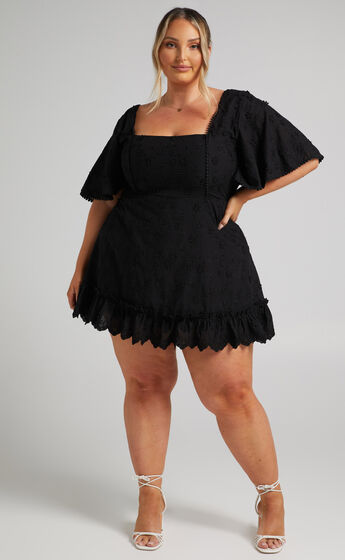 Fancy A Spritz Square Neck Mini Dress in Black Embroidery