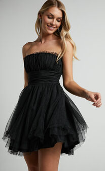 Brooke Mini Dress - Tulle Frill Detail Mini Dress in Black