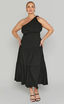 Celestia Midaxi Dress - Tiered One Shoulder Dress in Black