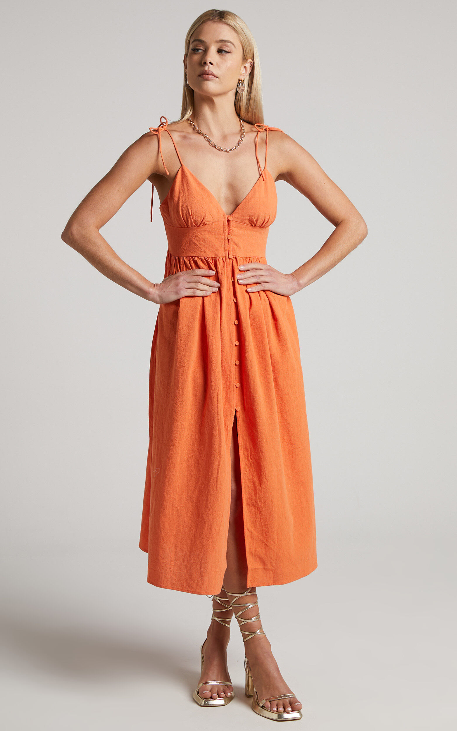 Chalmer Midi Dress - Tie Shoulder V Neck Button Up Dress in Orange - 04, ORG1, super-hi-res image number null