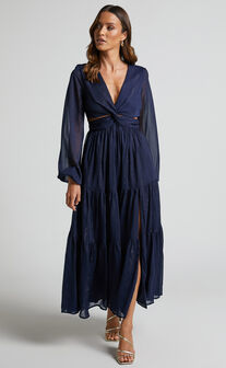 Edelyn Midaxi Dress - Cut Out Balloon Sleeve Tiered Dress in Navy