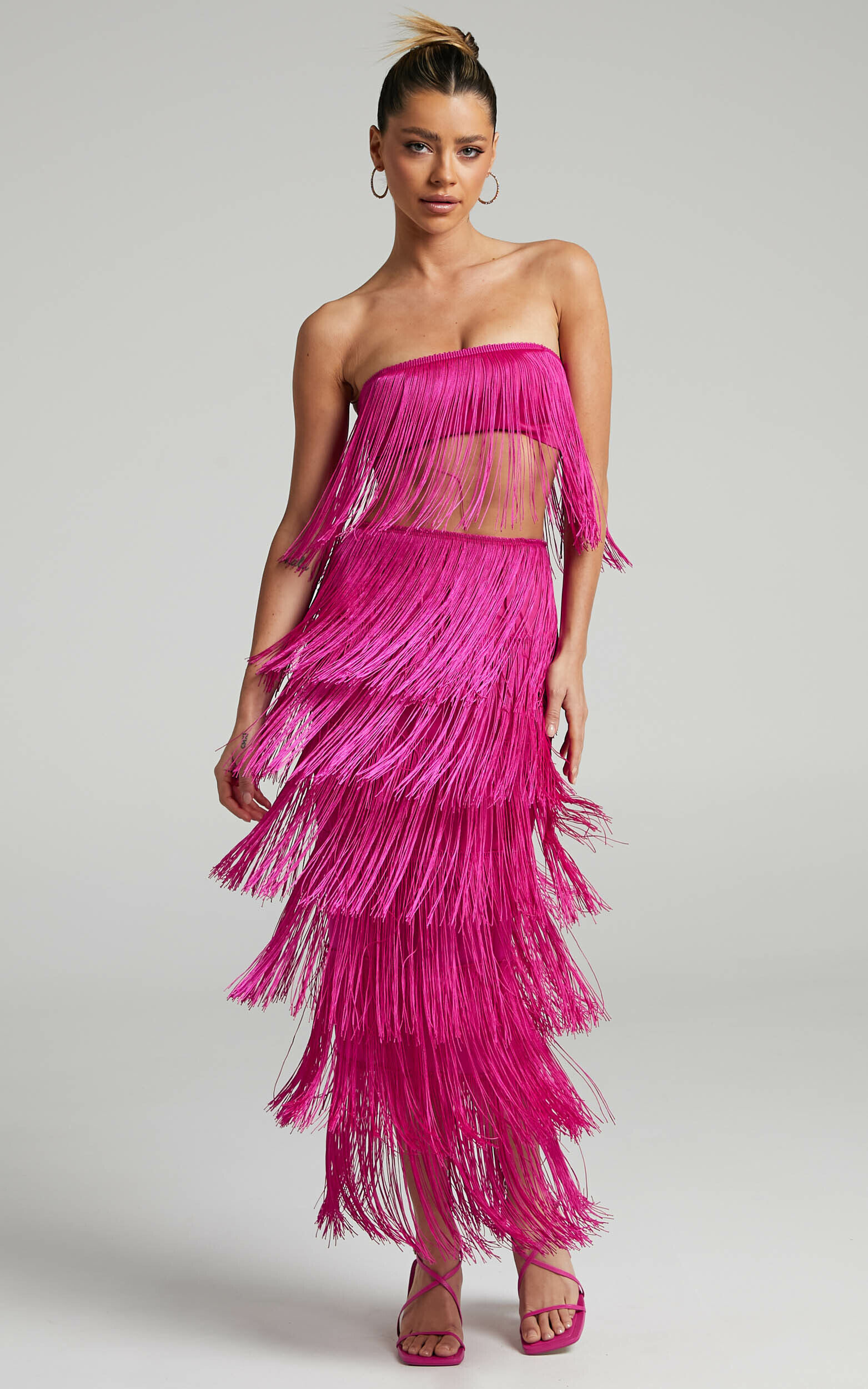 Amalee Two Piece Set - Fringe Strapless Crop Top and Midi Skirt Set in Pink