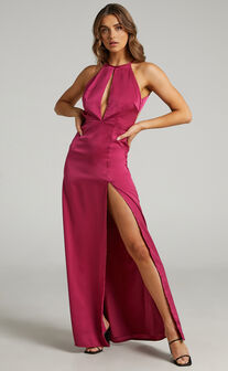 Lonni High Neck Cut Out Maxi Dress with Leg Split in Berry Satin