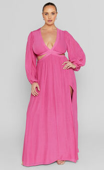 Paige Maxi Dress - Side Cut Out Balloon Sleeve Dress in Pink