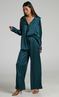 Trianna Oversized Shirt and Wide Leg Pant Satin Two Piece Set in Forest Green