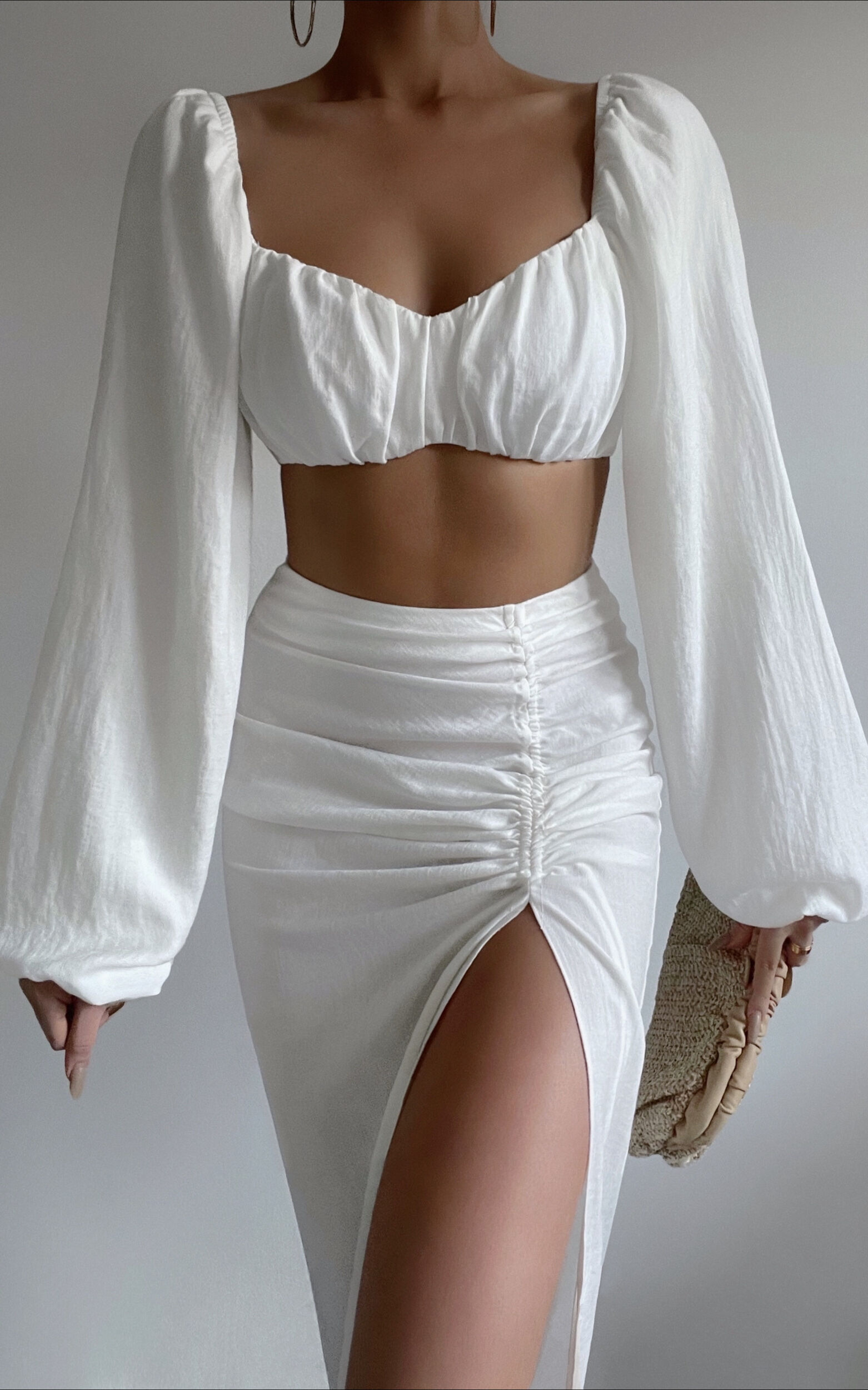 Shamir Balloon Sleeve Crop Top and Ruched Split Midi Skirt in White - 04, WHT2, super-hi-res image number null