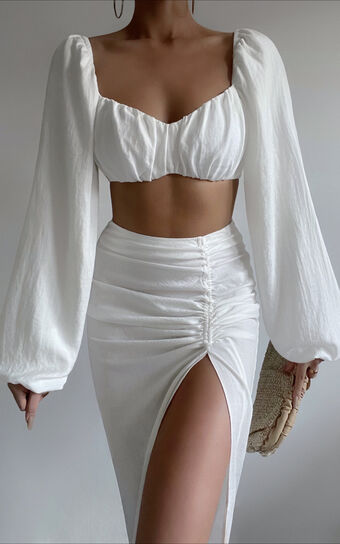 Shamir Balloon Sleeve Crop Top and Ruched Split Midi Skirt in White
