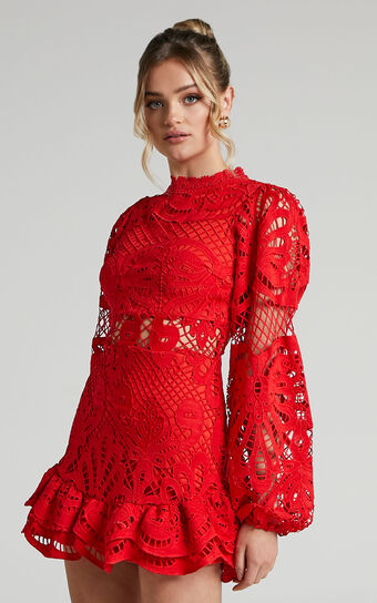 Kiss Me Now Mini Dress - Long Puff Sleeve Dress in Oxy Red Lace