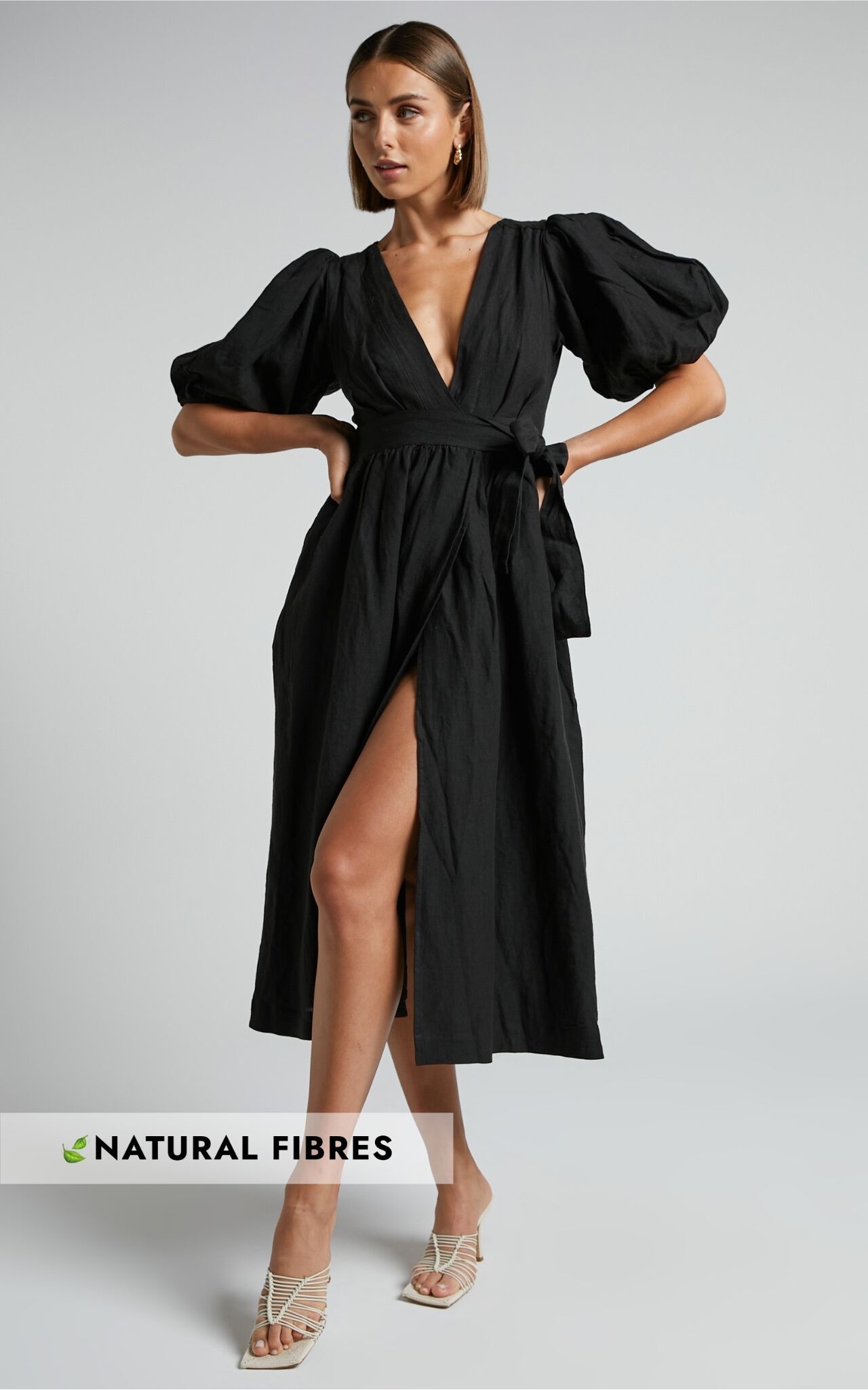 Amalie The Label - Franc Linen Puff Sleeve Wrap Midi Dress in Black - 12, BLK1, super-hi-res image number null