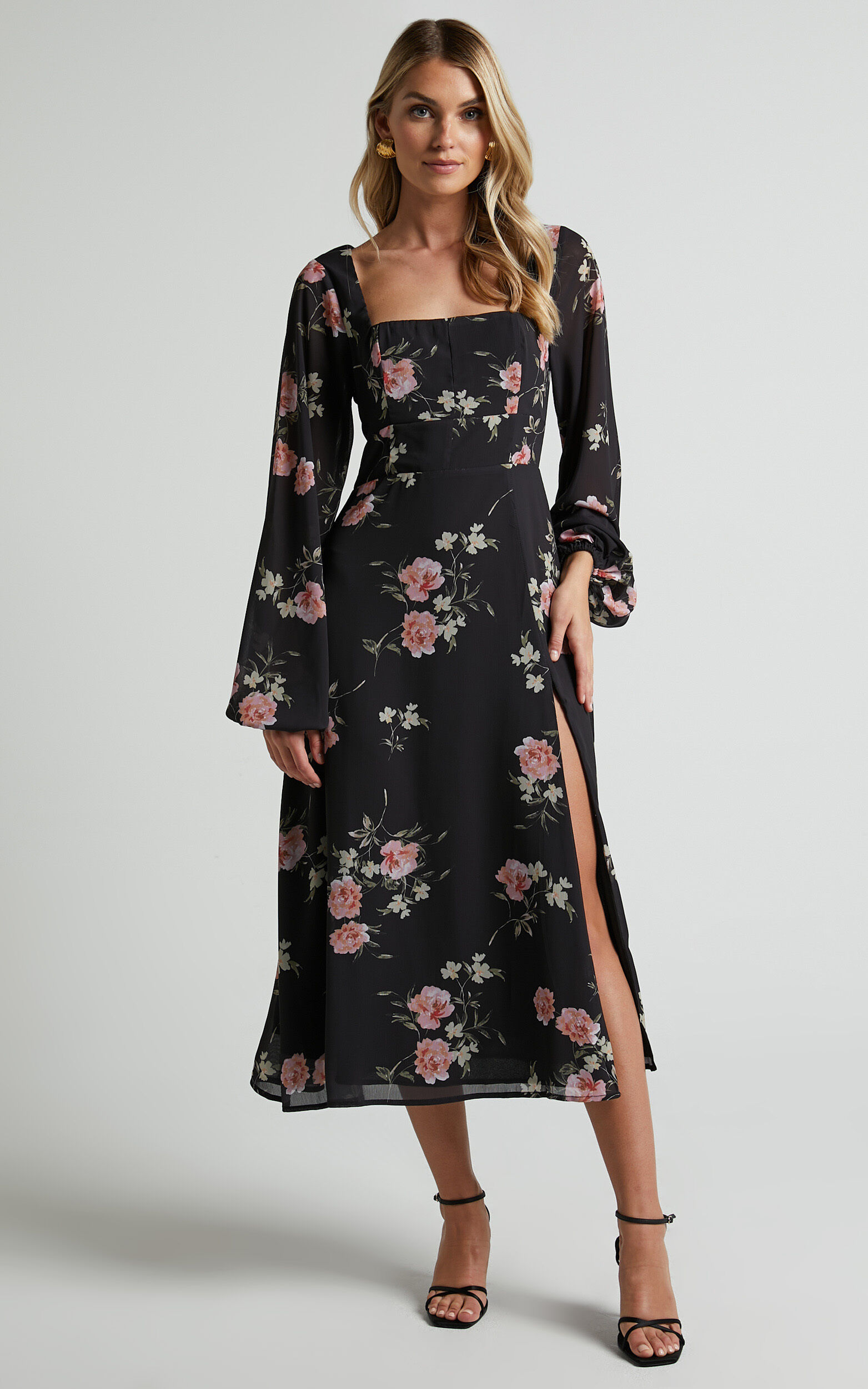 Tionna Dress - Long Sleeve Midi Dress in Blushing Floral - 04, BLK1