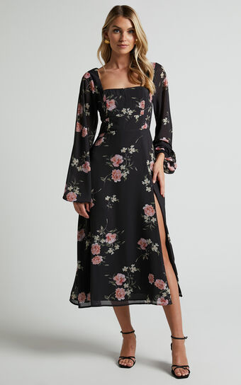 Tionna Dress - Long Sleeve Midi Dress in Blushing Floral