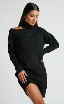 Nino Mini Dress - Asymmetrical Knit Dress in Black
