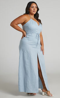 Amalie The Label - Elmiya Linen Open Back Halter Maxi Dress in Dusty Blue