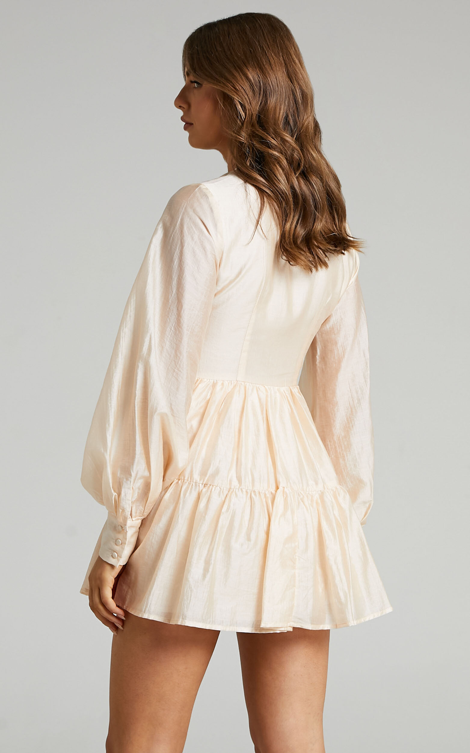Kyra Mini Dress - Pin Tuck Detail Tiered Shirt Dress in Cream | Showpo