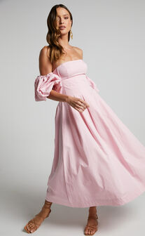 Geloe Structured Off Shoulder Puff Midi Dress in Pink
