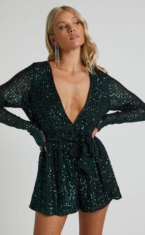 Ryrah Sequin Long Sleeve Plunge Neck Playsuit in Emerald