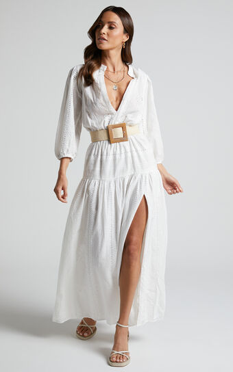Lanzy Maxi Dress - Long Sleeve Yoke Waist Relaxed Broderie Dress in White