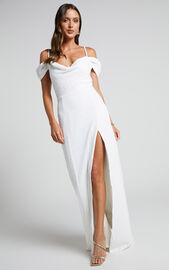 Avelinda Maxi Dress - Off Shoulder Cowl Neck Sequin Dress in White | Showpo